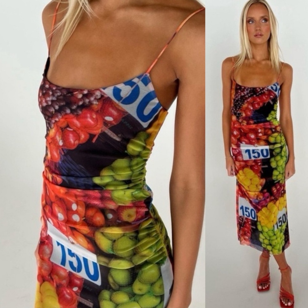 Fruit Mesh Spaghetti Strap Maxi Dress Tropical Ruched Blogger Favorite S 🔖